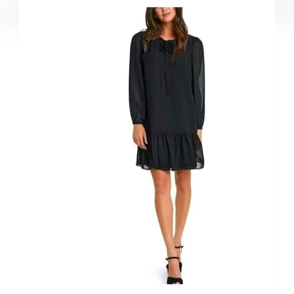 Draper James Women's Tie Neck Flounce Shift Chiffon Dress, Black, XXL